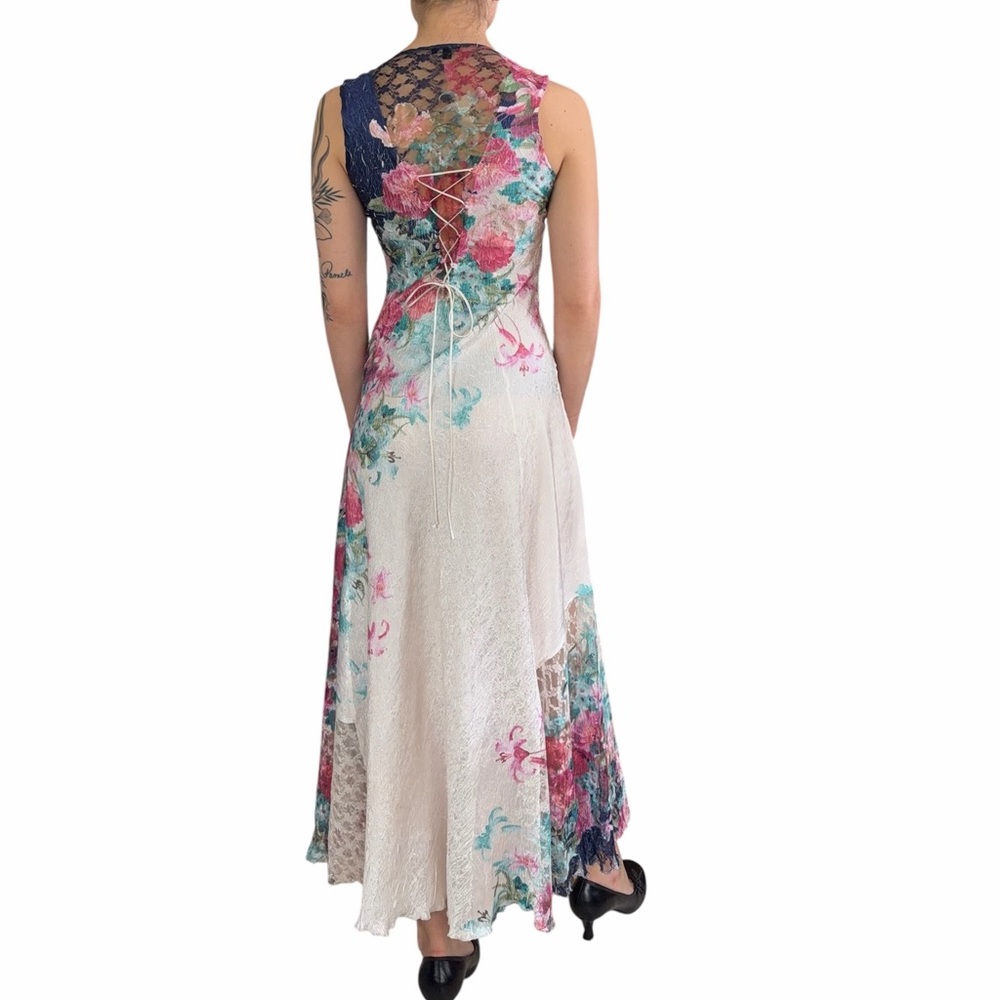 Komarov Floral Lace Maxi Dress Crinkle Satin Corset Back Cottagecore Romantic SM - Picture 2 of 15